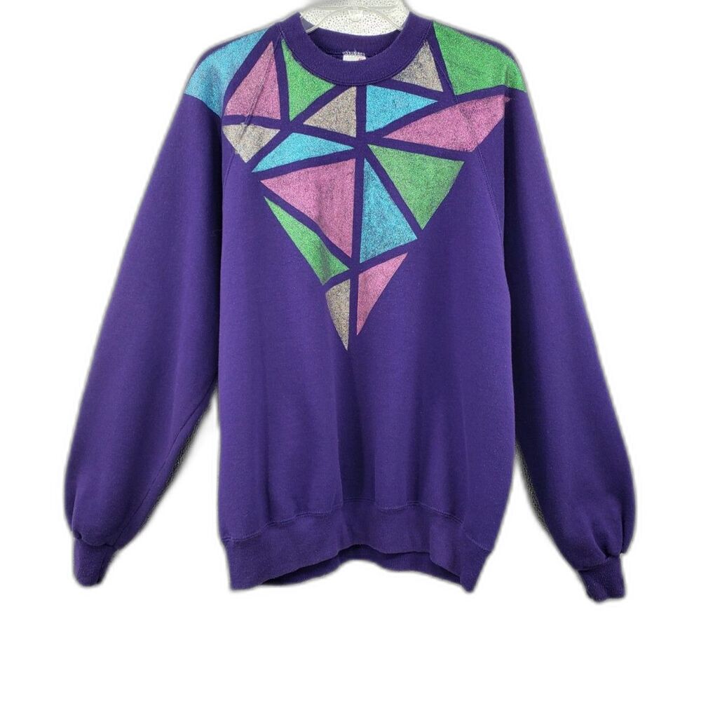 Vtg Maximalist Sweatshirt Sz XL Purple Metallic Triangles Raglan Sleeve Jerzees